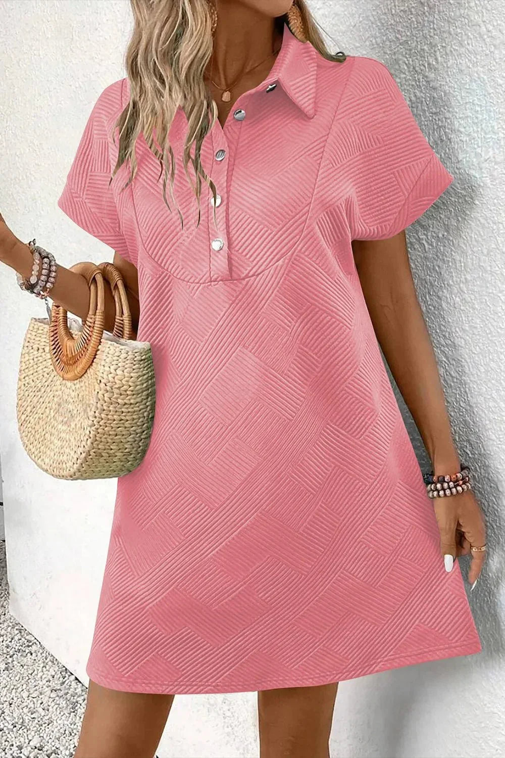 Button Front Short Sleeve Mini Dress - VILLA FASHION